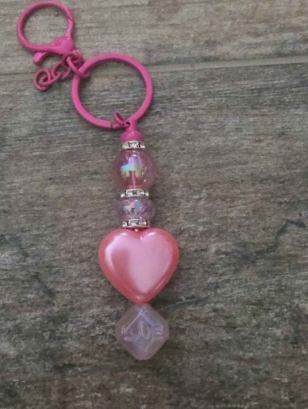 Extra Long Pink Heart And Love Bead Keychain NWT